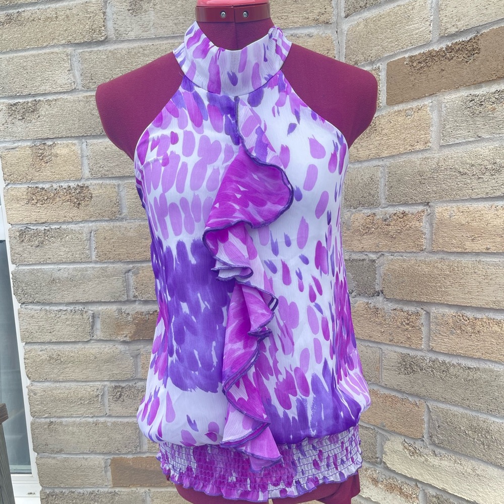 Y2K Purple Abstract Ruffle Halter Blouse Smocked Hem Feminine Chiffon Top Sz Sm